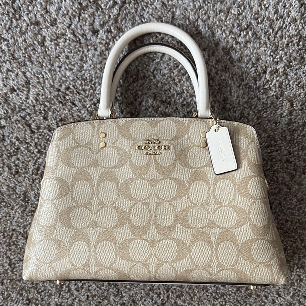 Coach Cream and Gold Satchel with Signature Monogram with crossbody strap